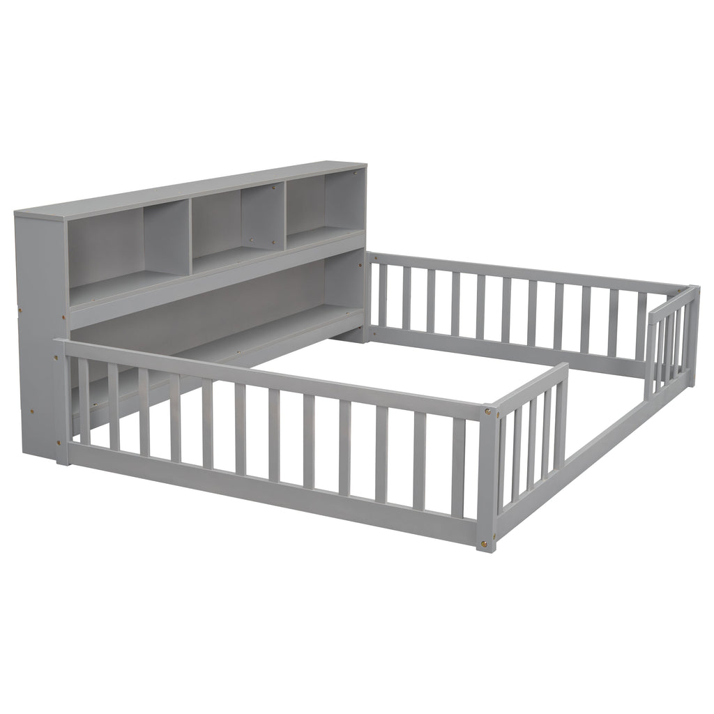 Full Floor Bed with Side Bookcase, Shelves, Guardrails