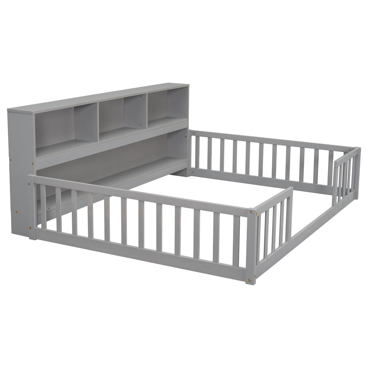 Full Floor Bed with Side Bookcase, Shelves, Guardrails