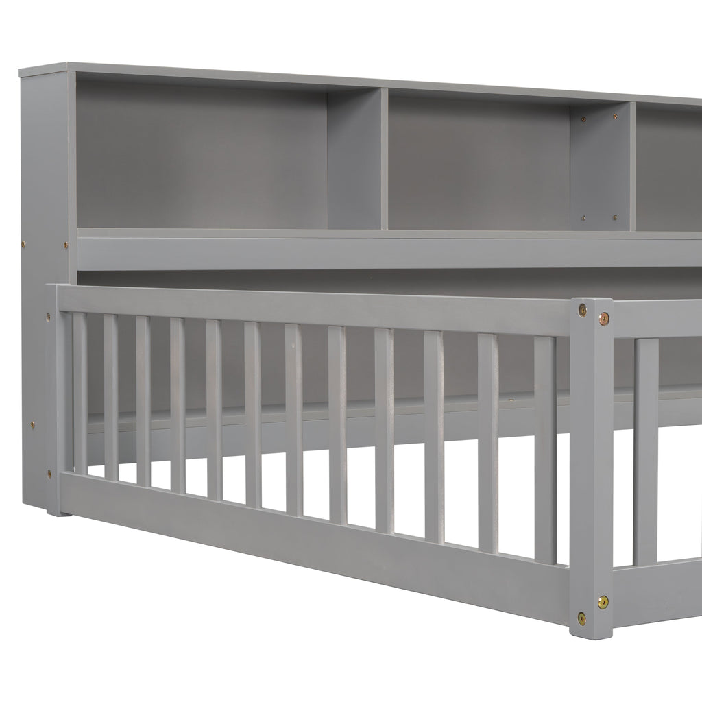 Full Floor Bed with Side Bookcase, Shelves, Guardrails