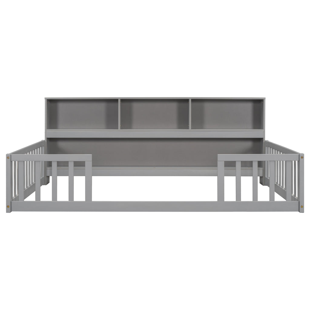 Full Floor Bed with Side Bookcase, Shelves, Guardrails