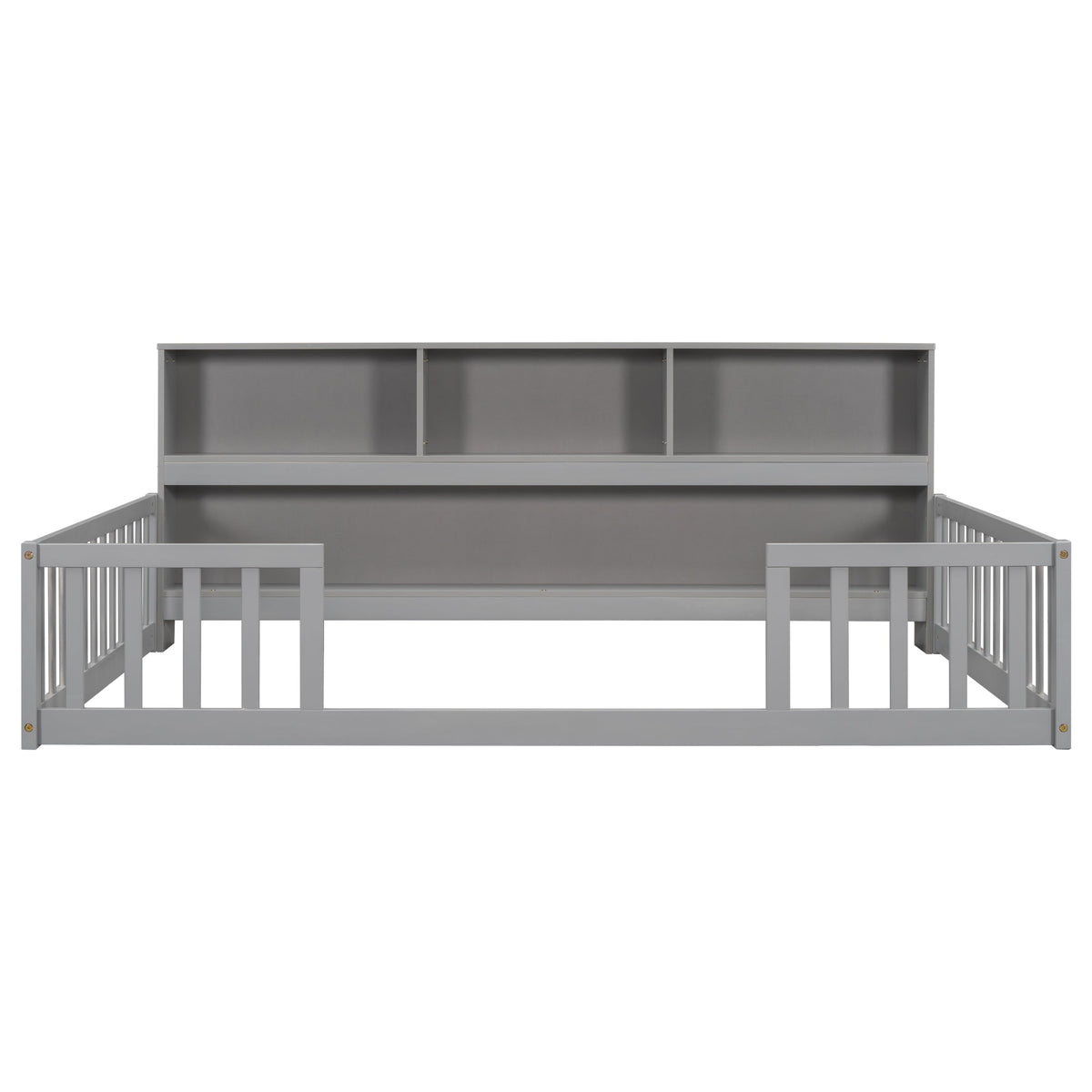 Full Floor Bed with Side Bookcase, Shelves, Guardrails