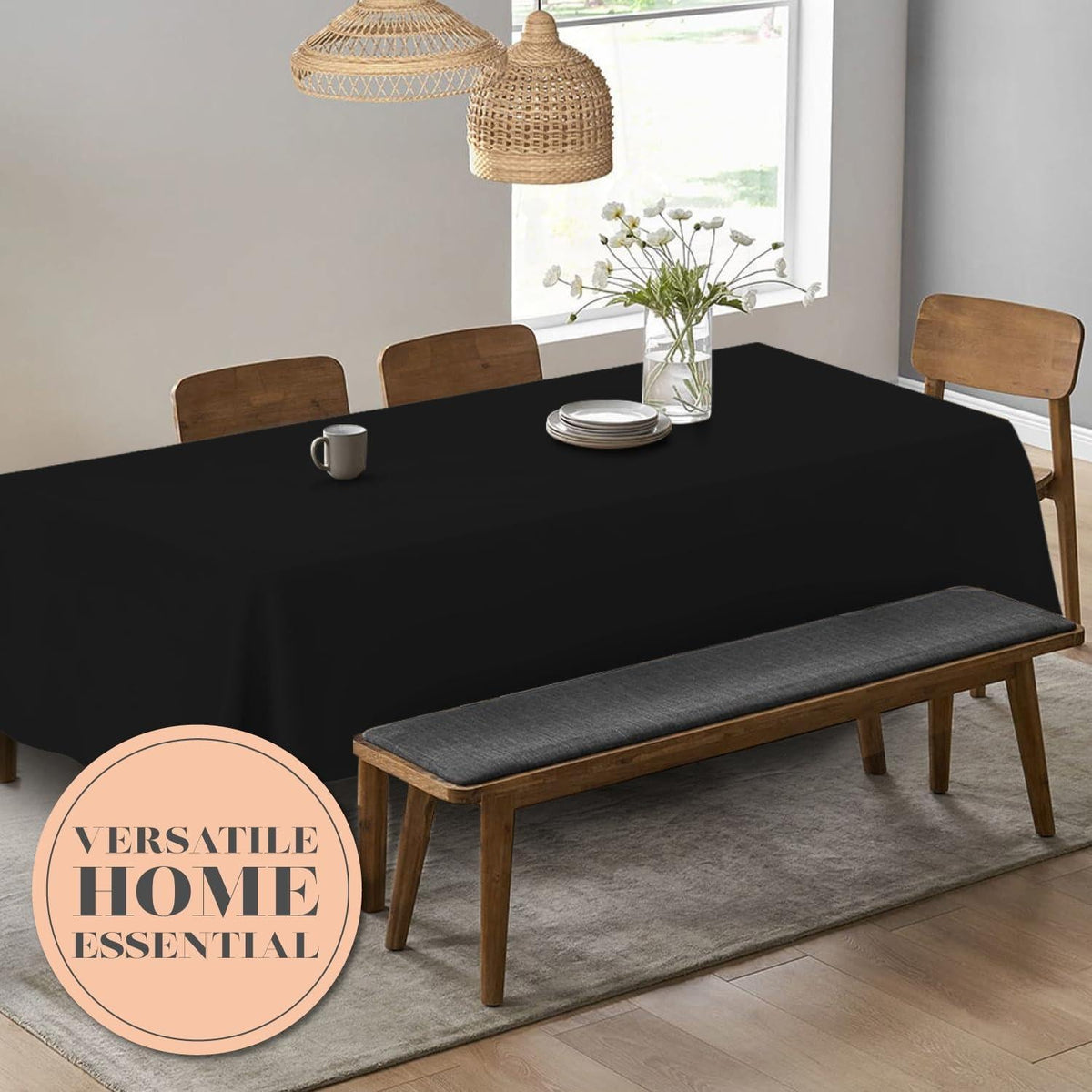 2 Pack Black Tablecloth 90x132 in 6 Ft Rectangle Table Polyester