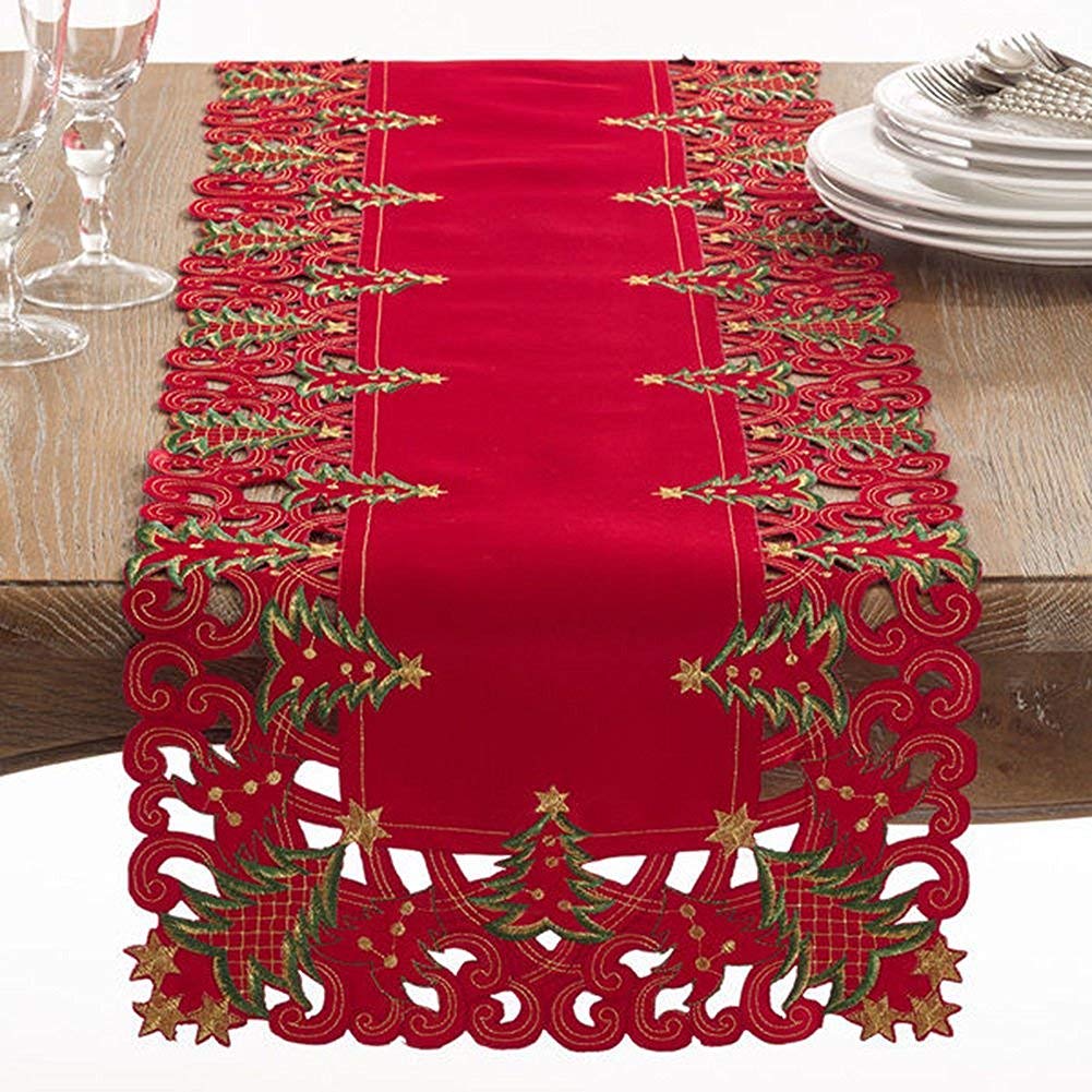 Fennco Styles  Embroidered Christmas Tree Cutwork Border 16 x 108 Inch Table Runner