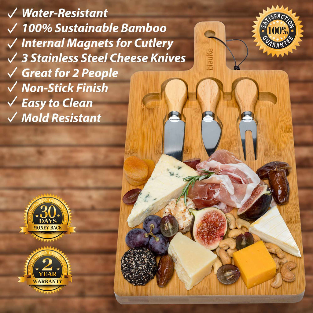 Bamboo Cheese Board and Knife Set - 12x8 inch Charcuterie Board with Magnetic Cutlery Storage