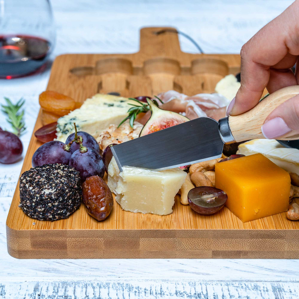 Bamboo Cheese Board and Knife Set - 12x8 inch Charcuterie Board with Magnetic Cutlery Storage