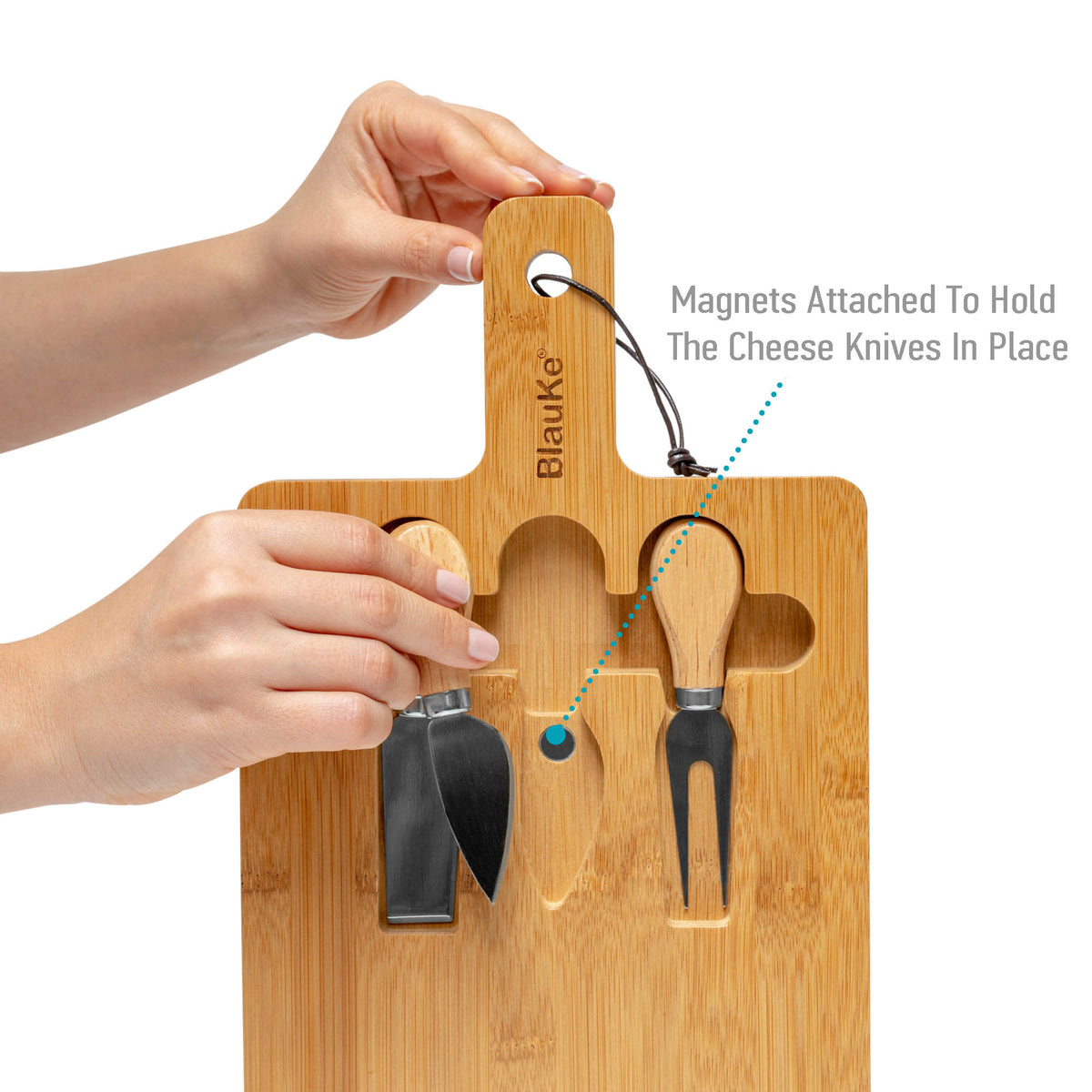 Bamboo Cheese Board and Knife Set - 12x8 inch Charcuterie Board with Magnetic Cutlery Storage