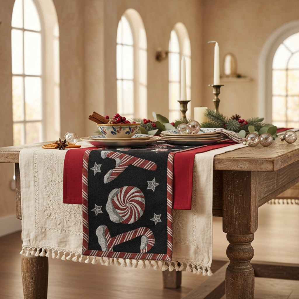 DaDa Bedding Peppermint Joy Red Black Holiday Tapestry Dining Table Runner (12904)