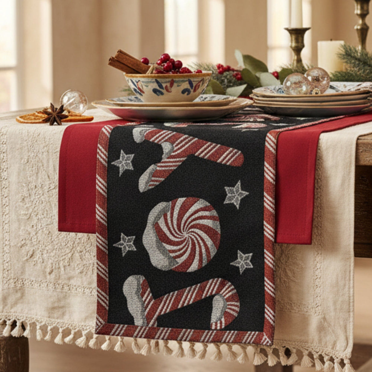 DaDa Bedding Peppermint Joy Red Black Holiday Tapestry Dining Table Runner (12904)