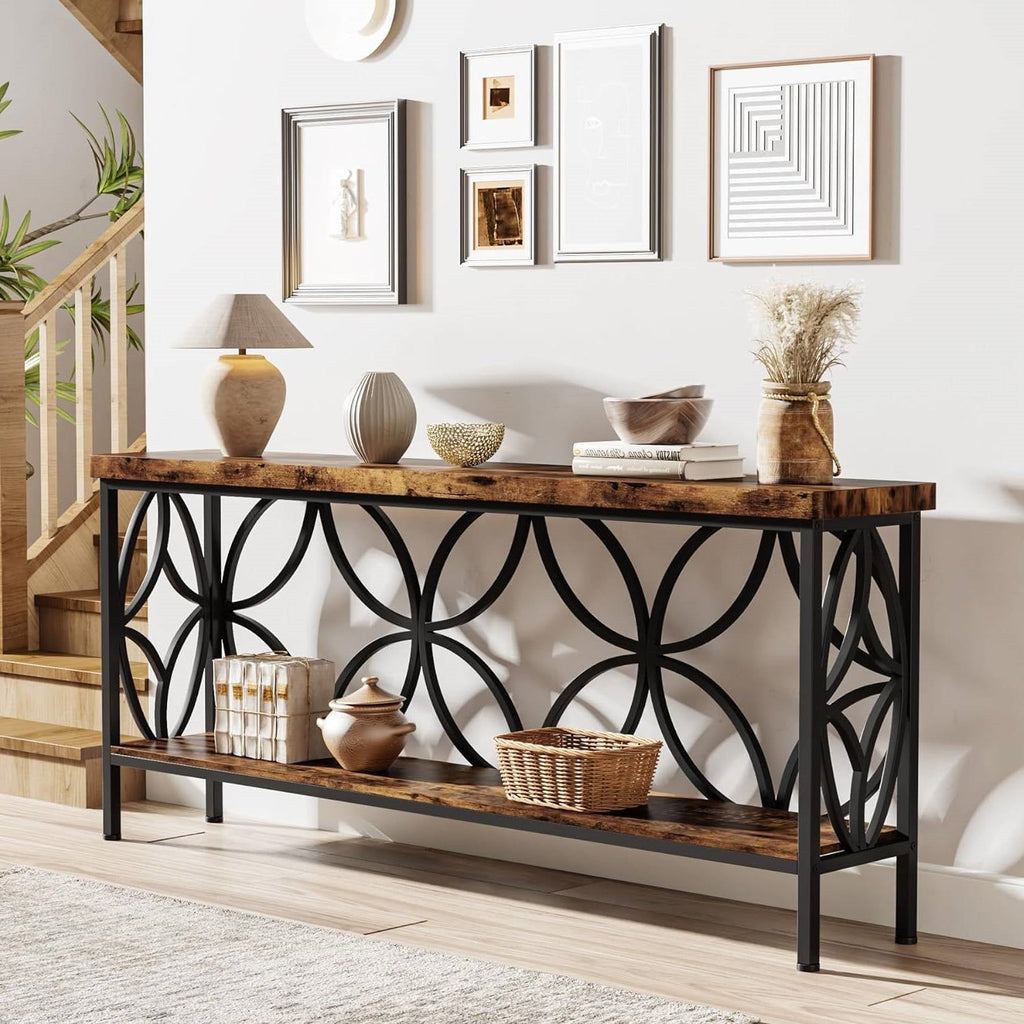 Modern 70-inch Long Narrow Console Sofa Table with Brown Wood Top and Shelf