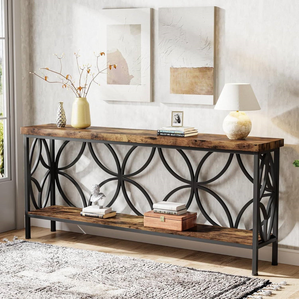 Modern 70-inch Long Narrow Console Sofa Table with Brown Wood Top and Shelf