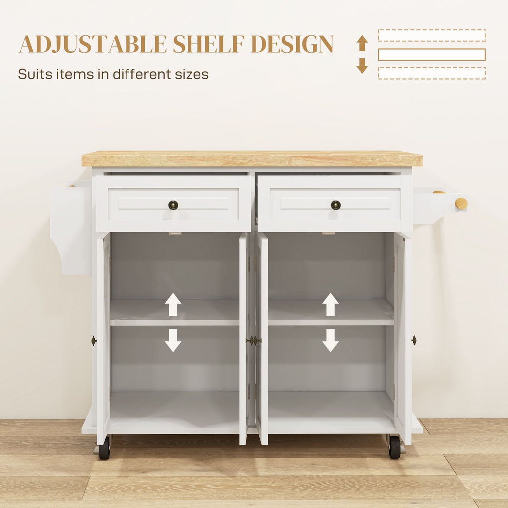 Kitchen Island on Wheels, Rolling Cart with Rubberwood Top, Spice Rack, Towel Rack and Drawers, Cream White