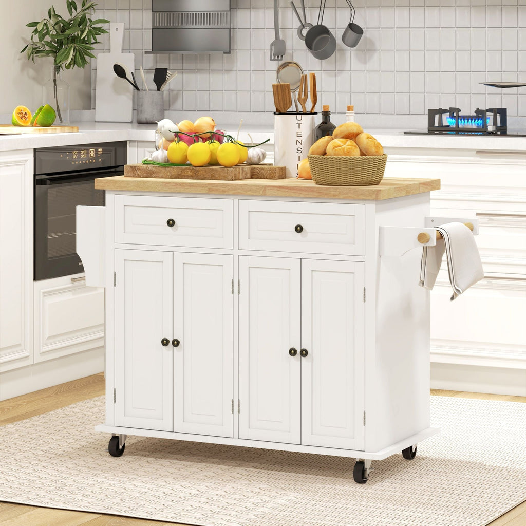 Kitchen Island on Wheels, Rolling Cart with Rubberwood Top, Spice Rack, Towel Rack and Drawers, Cream White