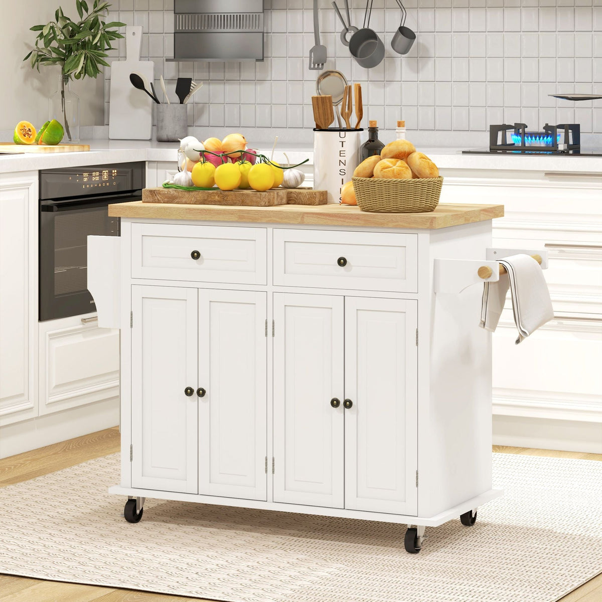 Kitchen Island on Wheels, Rolling Cart with Rubberwood Top, Spice Rack, Towel Rack and Drawers, Cream White