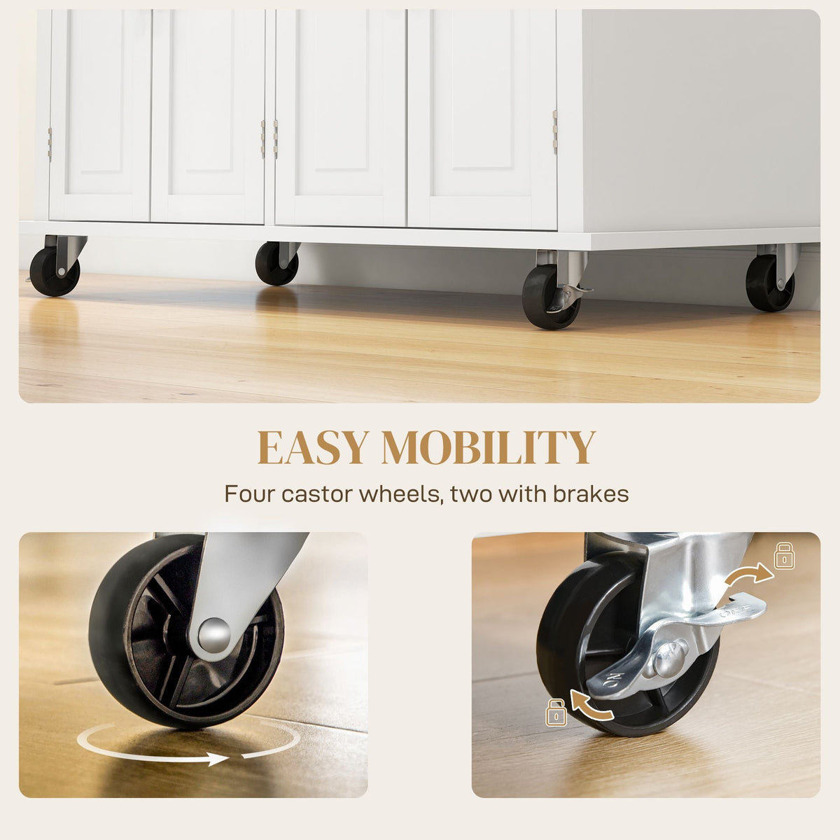 Kitchen Island on Wheels, Rolling Cart with Rubberwood Top, Spice Rack, Towel Rack and Drawers, Cream White