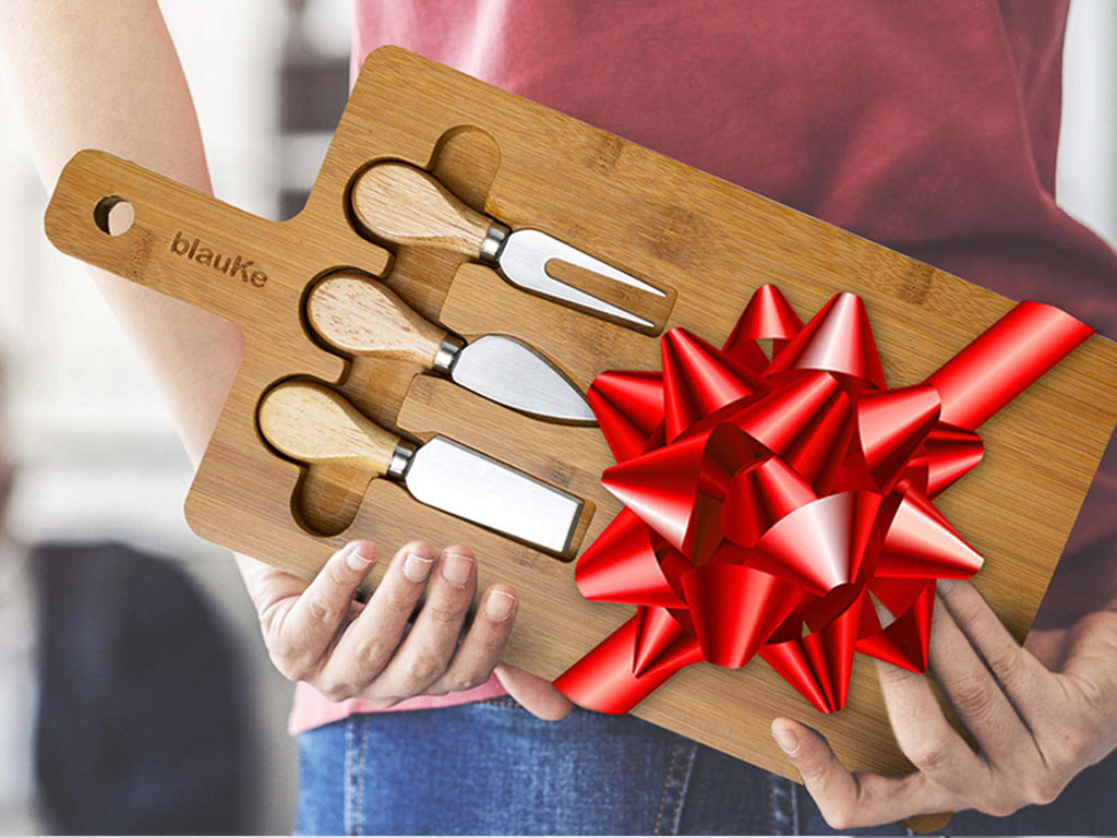 Bamboo Cheese Board and Knife Set - 12x8 inch Charcuterie Board with Magnetic Cutlery Storage