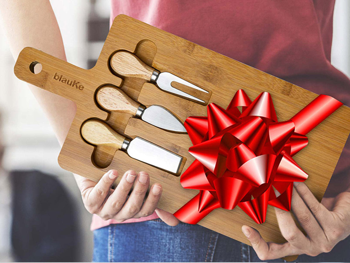 Bamboo Cheese Board and Knife Set - 12x8 inch Charcuterie Board with Magnetic Cutlery Storage